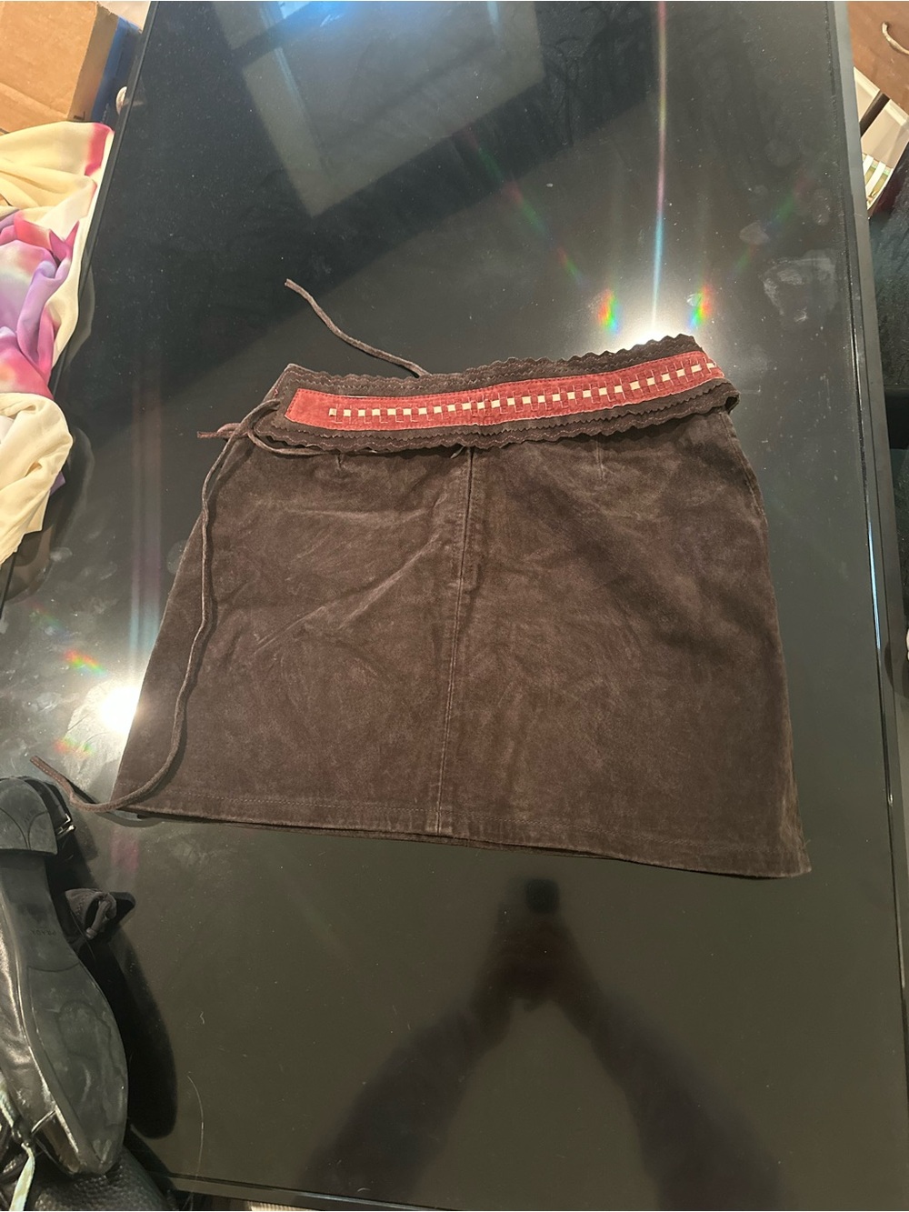Moda Brown Suede Mini Skirt with Red Waistband